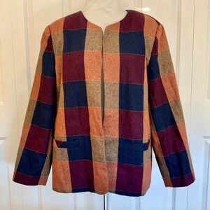 BFA Classics Blue Orange Plaid Wool Blend Open Blazer Plus Size 20W